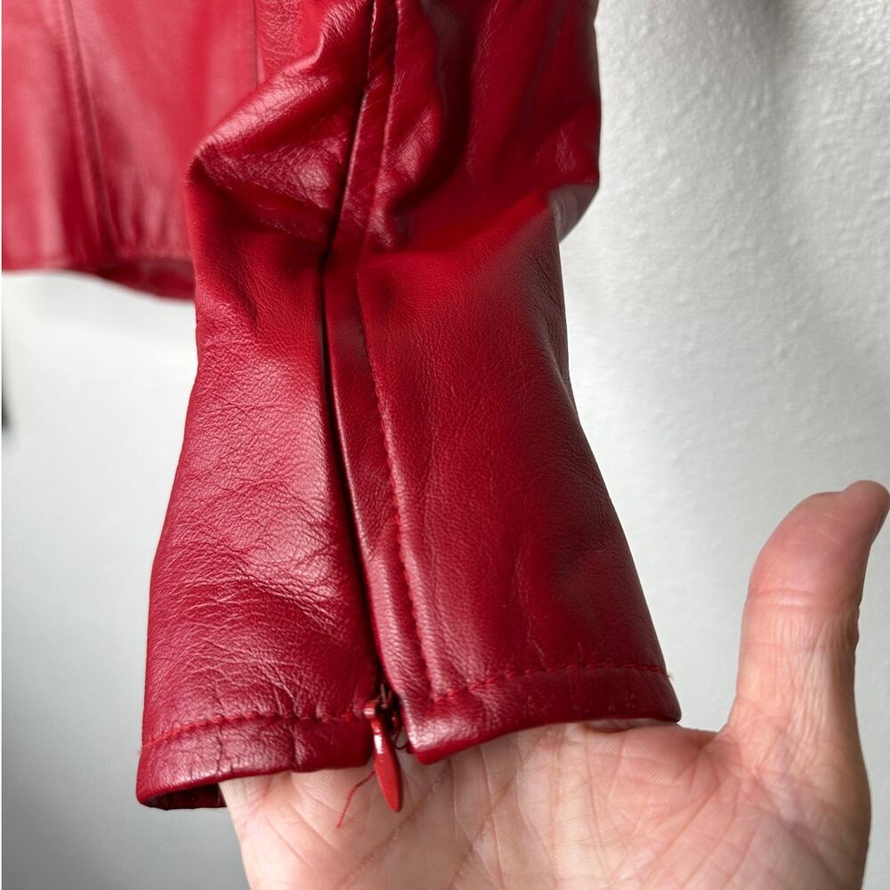 William B Cherry Red 100% Leather Moto Jacket Front Zip Silk Lining S - Picture 6 of 14